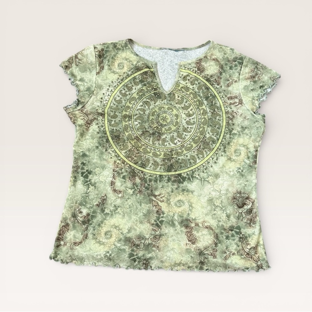 Green Paisley Patterned Beaded Blouse - Lettuce Edge Hem, Hippie Boho Y2K VTG